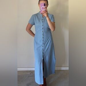 Vintage Button Down Slit Maxi Dress Blue Gingham Plaid Women’s Size 10 / Medium